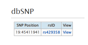 dbSNP rsID result table with rsID and View links